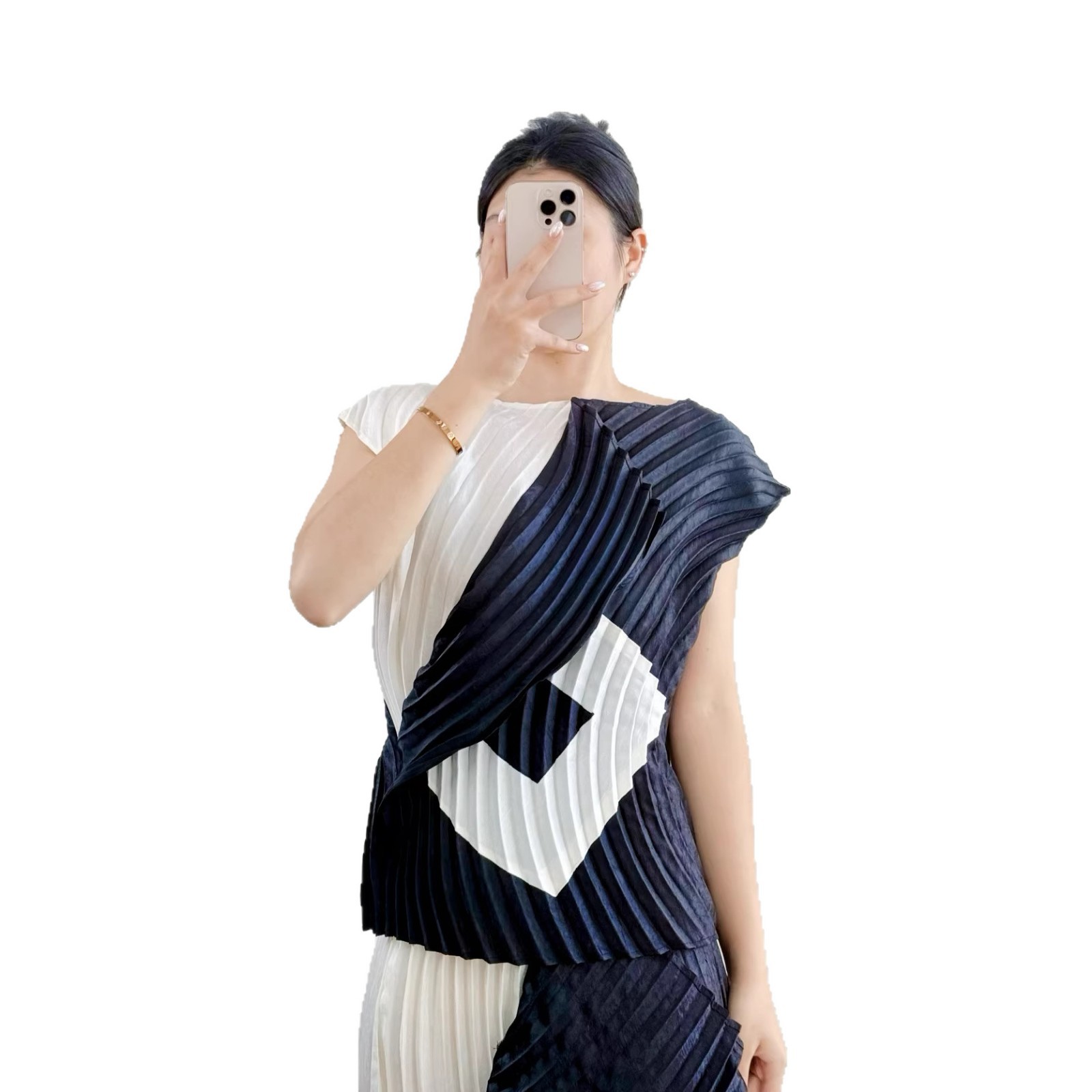 Miyake Pleated Color Block T-S - Summer Clothing Vacation ulasan dan harga