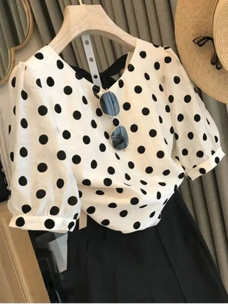 Polka Dot Blouses Women Elegan - Summer Clothing Aesthetic ulasan dan harga