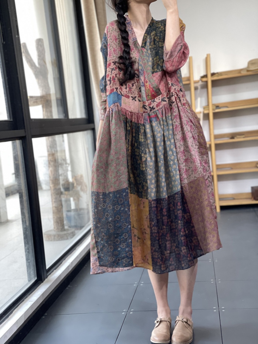 Elegant Loose V-Neck Printed E - Summer Line Clothing Brand ulasan dan harga