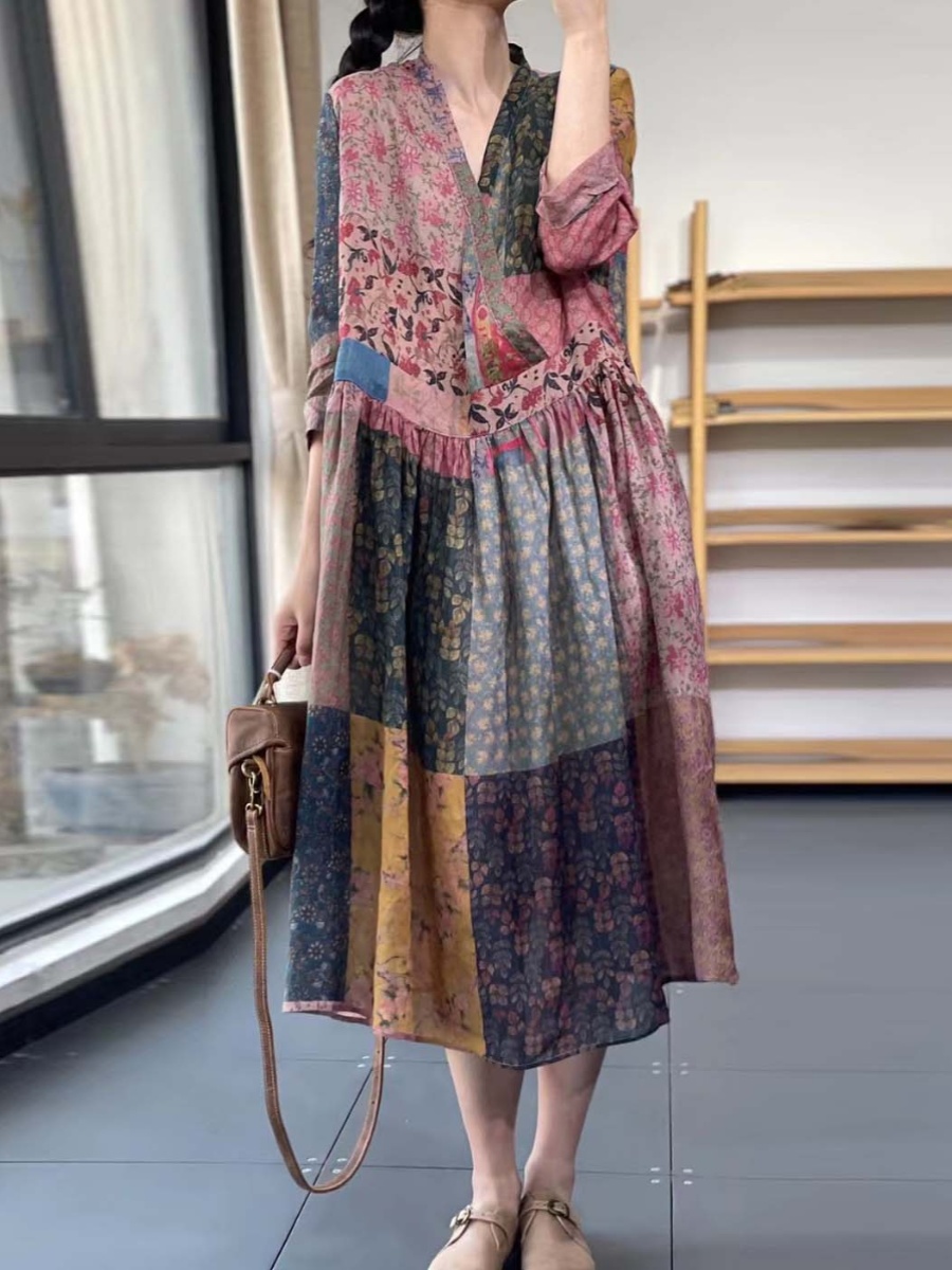 Elegant Loose V-Neck Printed E - Summer Line Clothing Brand ulasan dan harga
