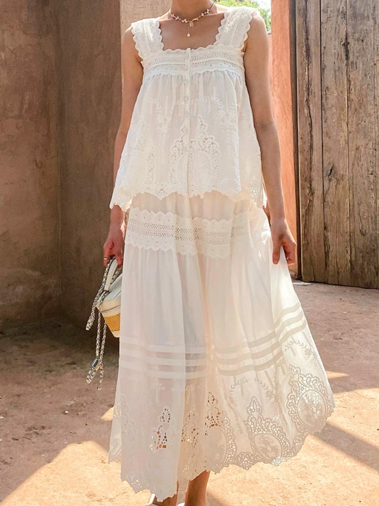 Bohemian White Square-neck Ves - Summer Clothing Vacation ulasan dan harga