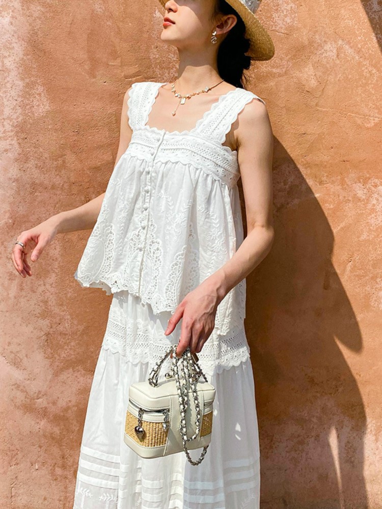 Bohemian White Square-neck Ves - Summer Clothing Vacation ulasan dan harga