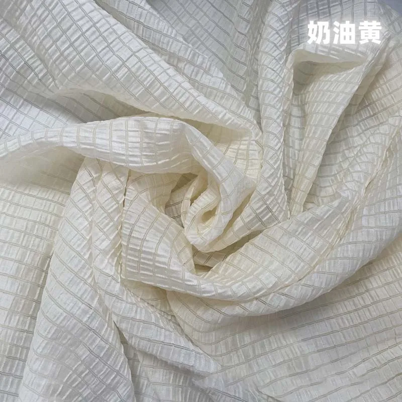 Cream Yellow Checkered Fabric  - Summer Clothing Material ulasan dan harga