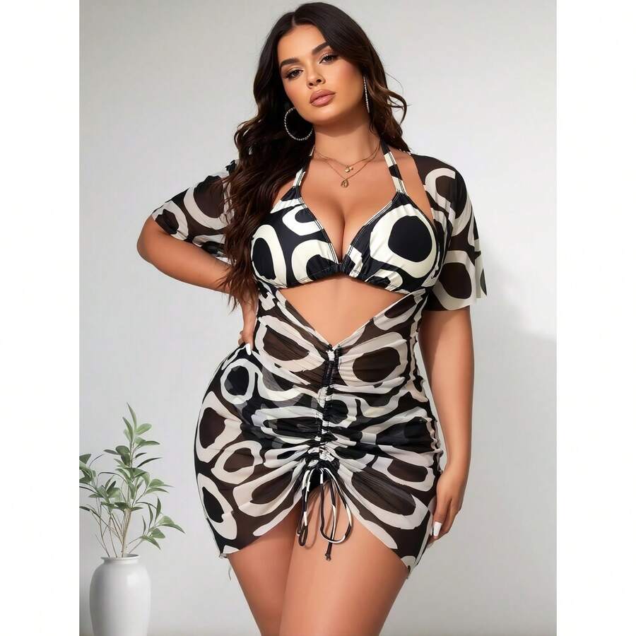 Plus Size Women 3 Piece Swimsu - Swim Cover Up Mesh ulasan dan harga