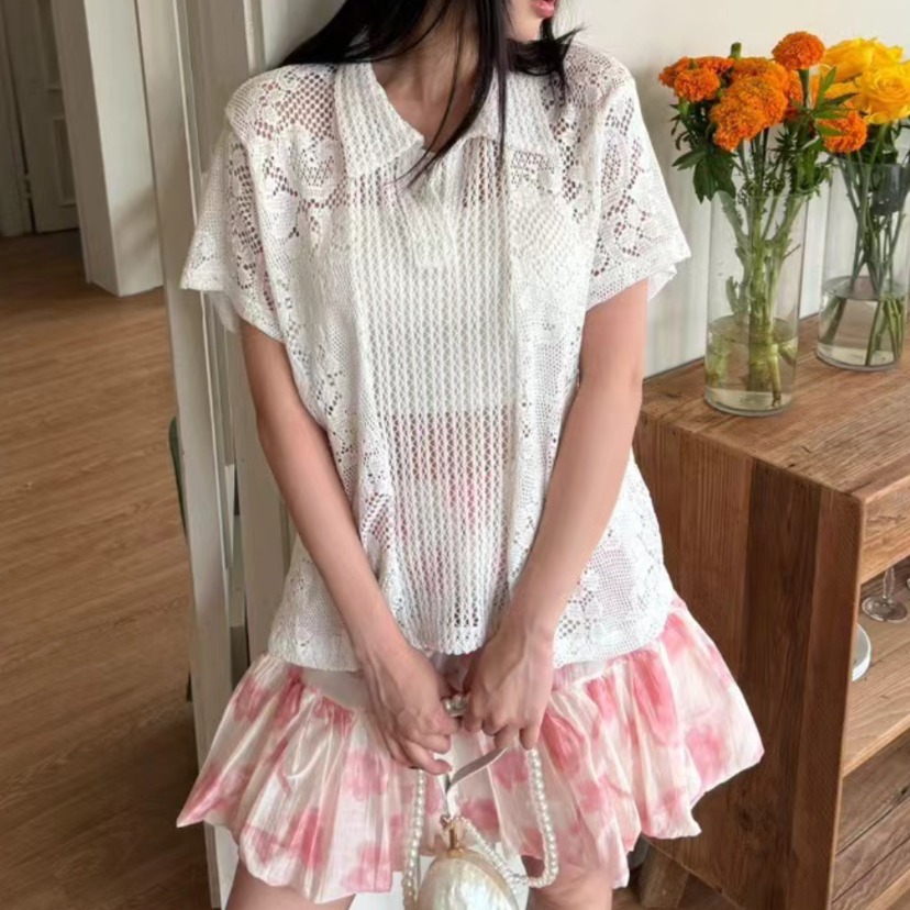 Retro  Collar Lace Shirt Women - Summer Clothing Online ulasan dan harga