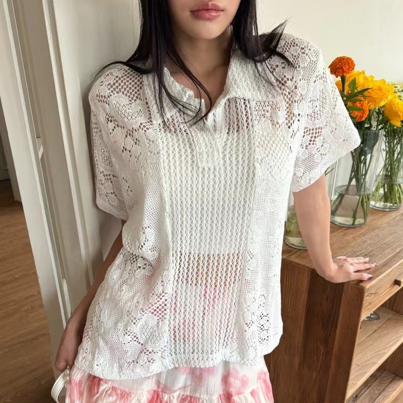 Retro  Collar Lace Shirt Women - Summer Clothing Online ulasan dan harga